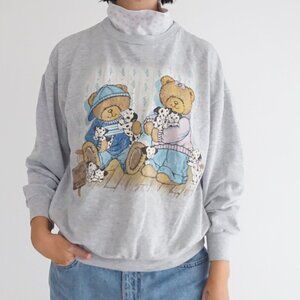 Vintage Grey Teddy Bear Picnic Dalmatian Dogs Puppies Mockneck Sweater S